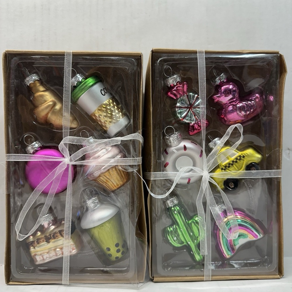 Mini Glass Christmas‎ Ornaments Set of 12 pc Coffee Rainbows Duck Cupcake